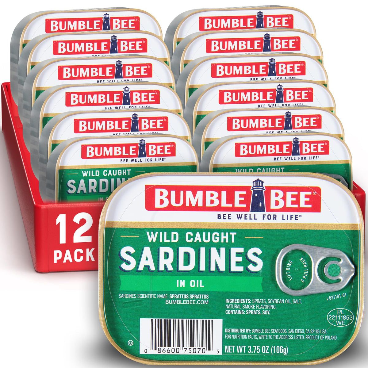 Bumble Bee Sardines in Oil can image shows oil-rich texture and 3.75 oz serving.