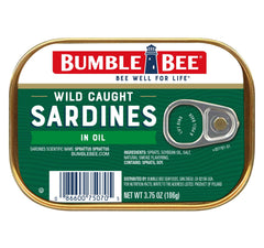 Bumble Bee sardines in oil tin label shows wild-caught quality and clean ingredients