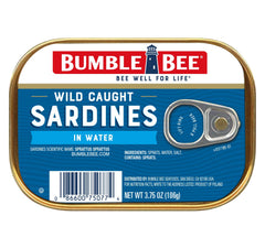 Bumble Bee sardines in water tin, protein-packed snack ready for quick meals.
