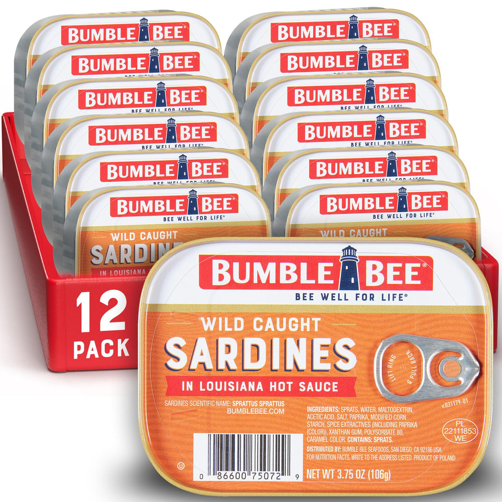 Bumble Bee Sardines in Louisiana Hot Sauce can with bold flavor and protein snack.