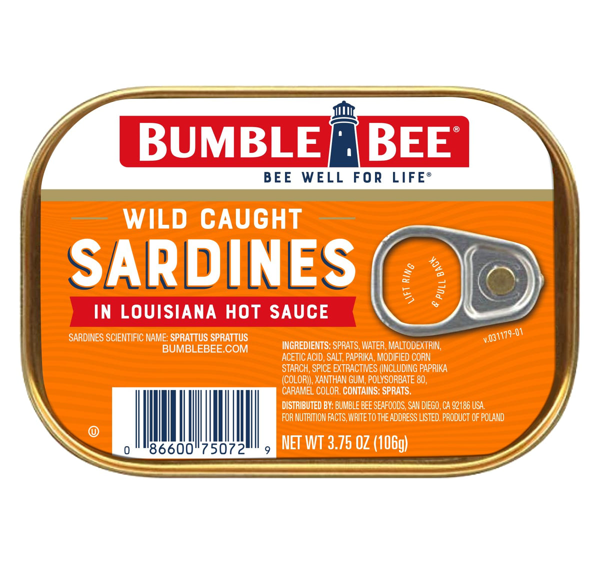 Bumble Bee sardines in Louisiana hot sauce can front view showing bold flavor and protein potential.