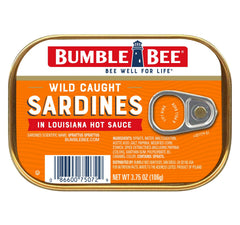 Bumble Bee sardines in Louisiana hot sauce can front view showing bold flavor and protein potential.