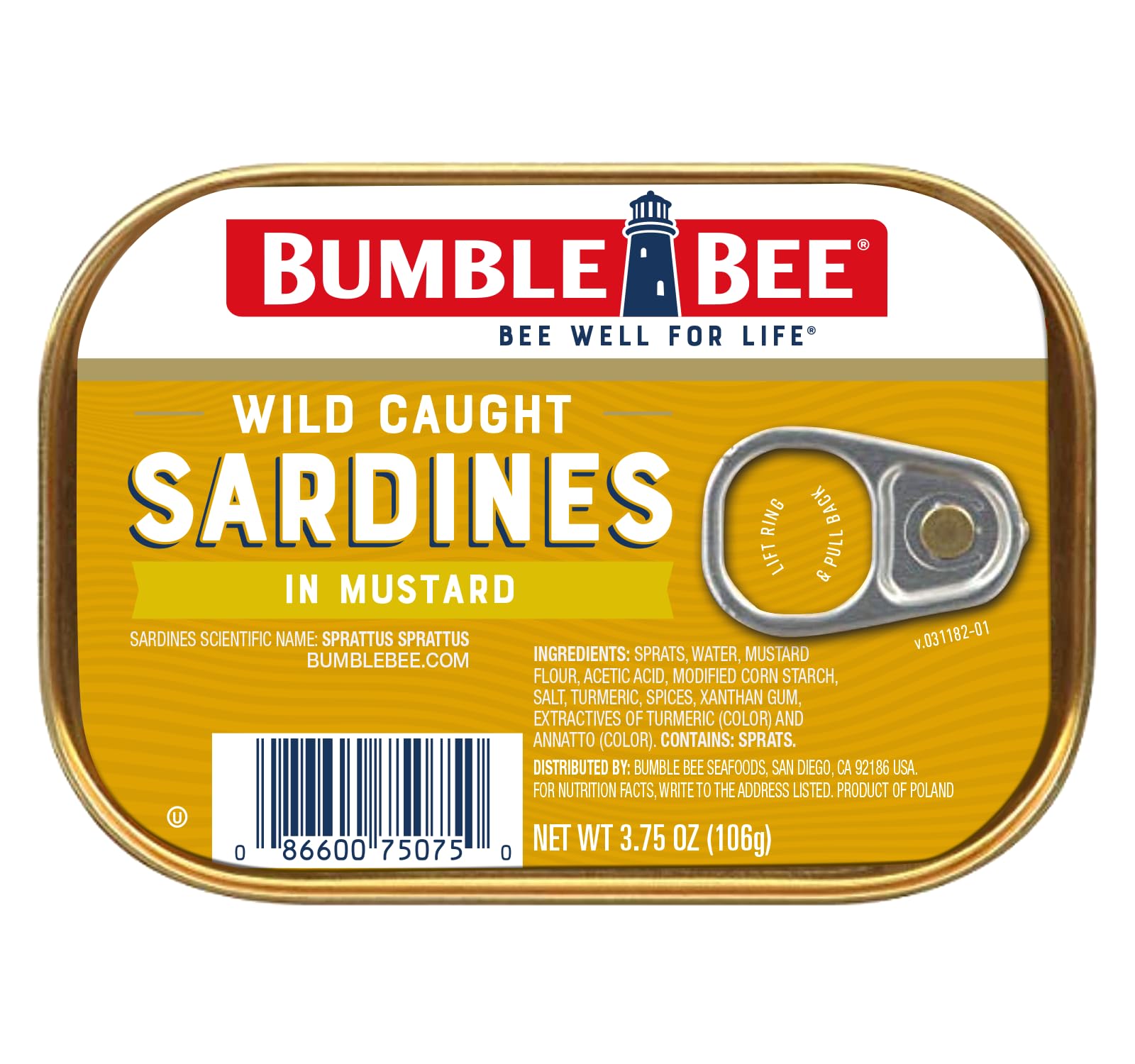 Bumble Bee Sardines in Mustard Sauce tin front; protein-packed pantry staple.
