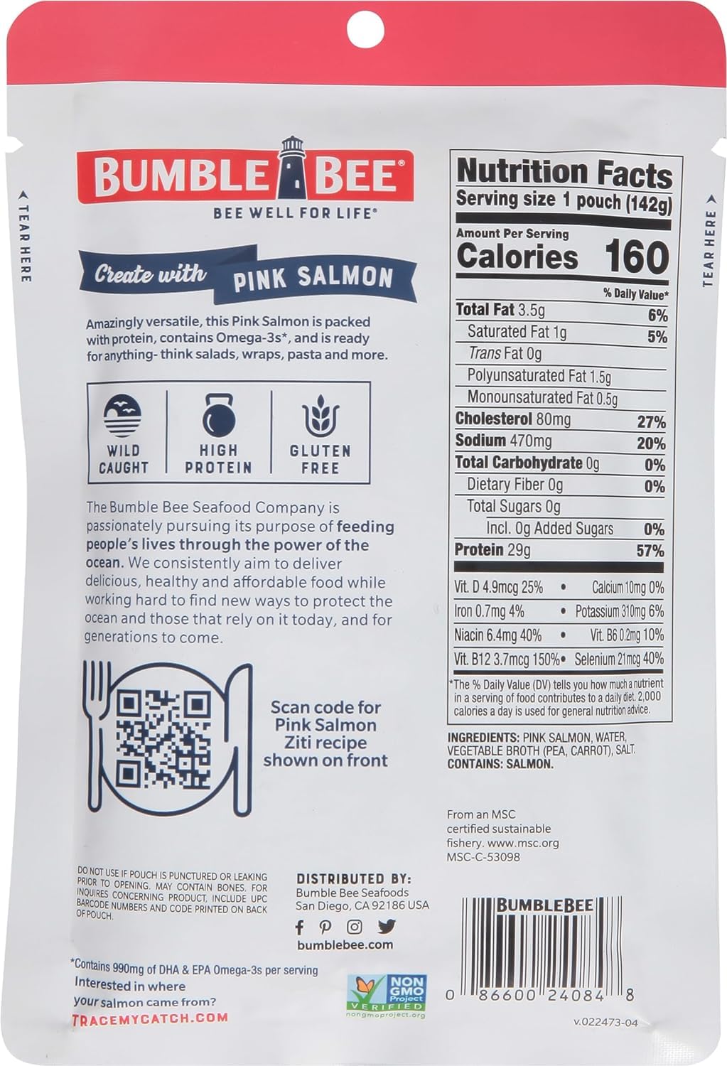 Bumble Bee skinless boneless pink salmon pouch opened for easy meal prep