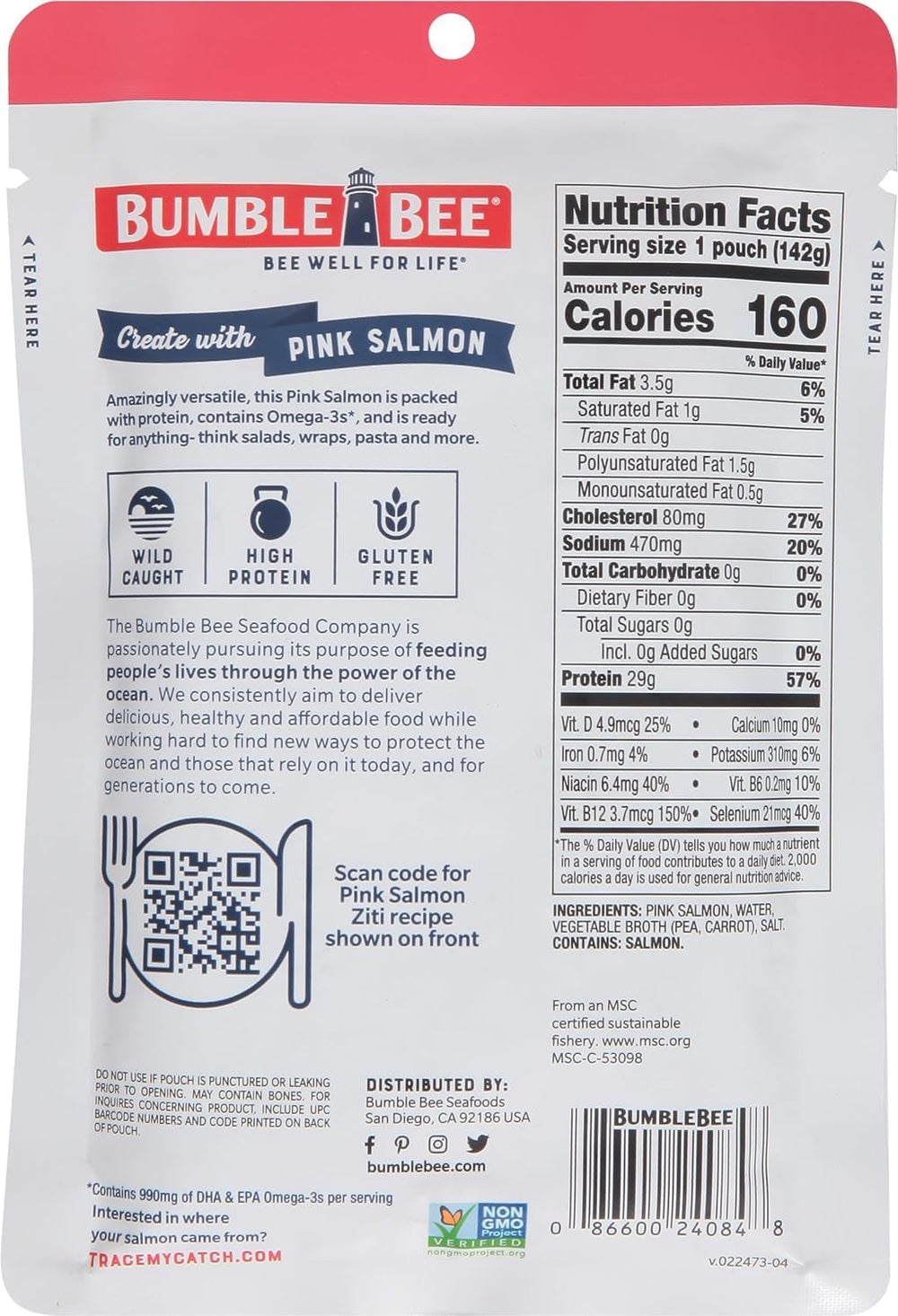 Bumble Bee skinless boneless pink salmon pouch opened for easy meal prep