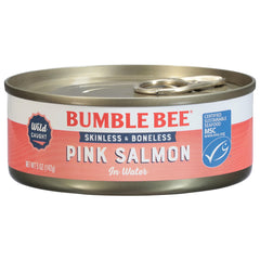 Bumble Bee skinless boneless pink salmon in water closeup highlights protein-rich chunks