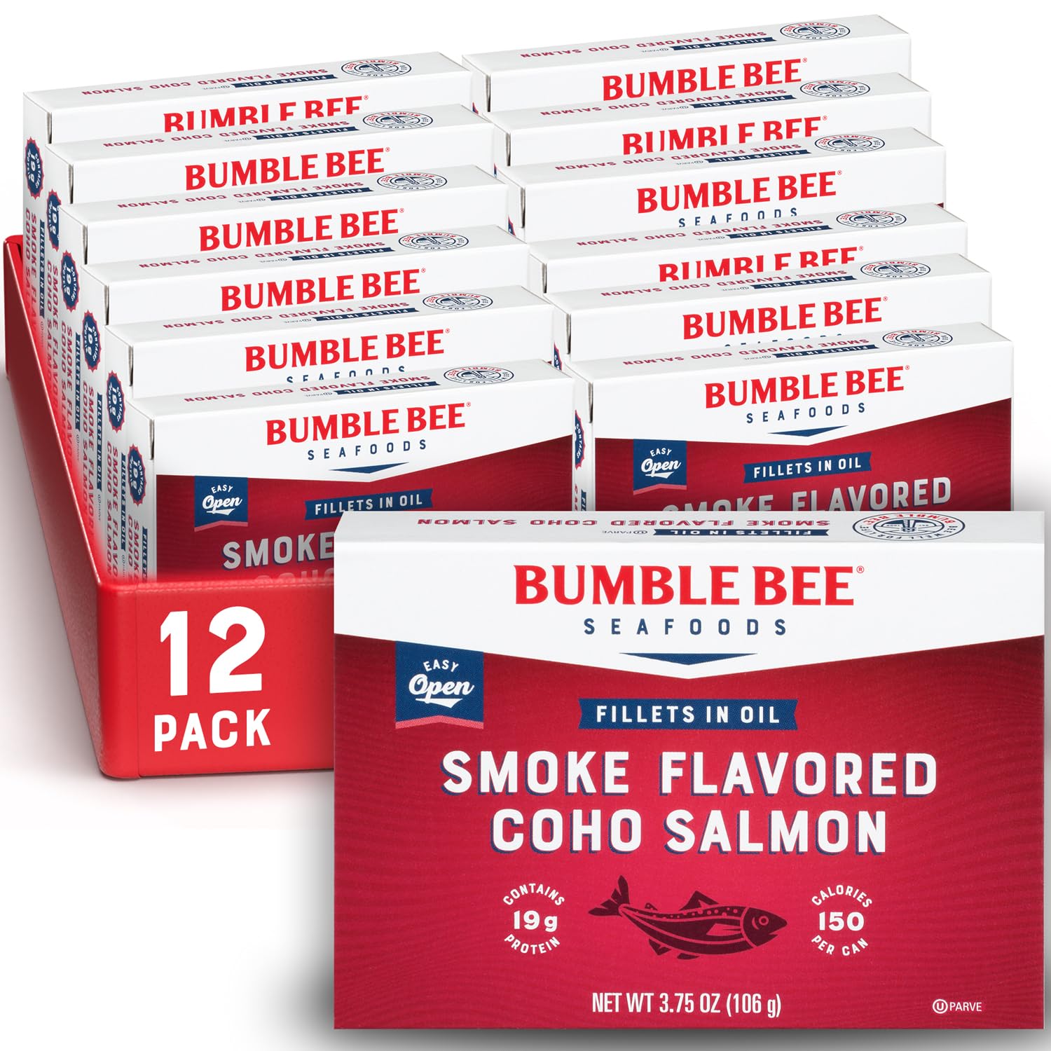 Bumble Bee smoke-flavored Red Coho salmon fillets in oil can, ready-to-serve protein.
