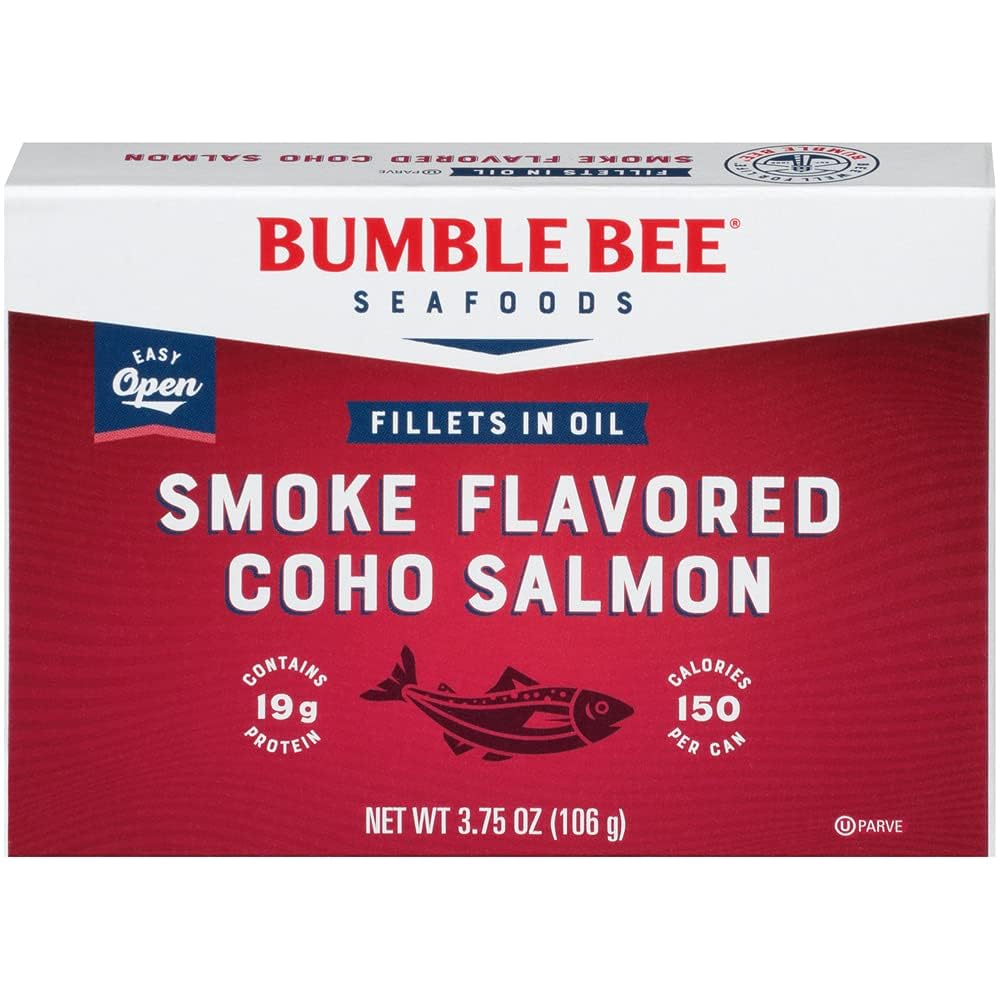 Bumble Bee Smoke Flavored Red Coho Salmon fillets in oil — protein-packed ready-to-serve can.