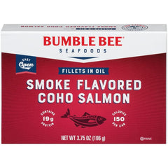 Bumble Bee Smoke Flavored Red Coho Salmon fillets in oil — protein-packed ready-to-serve can.
