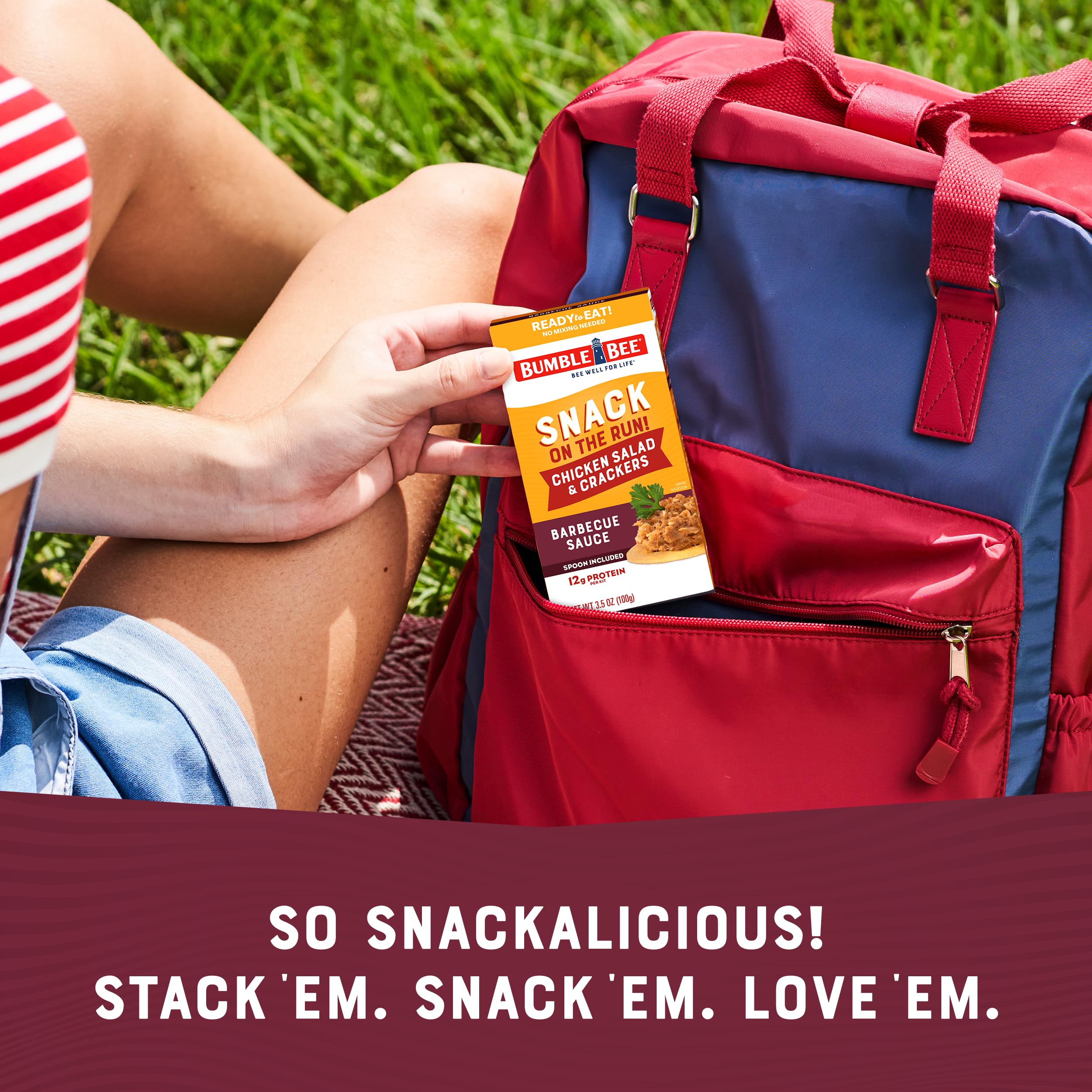 Backpack-friendly Bumble Bee BBQ chicken salad in convenient box.