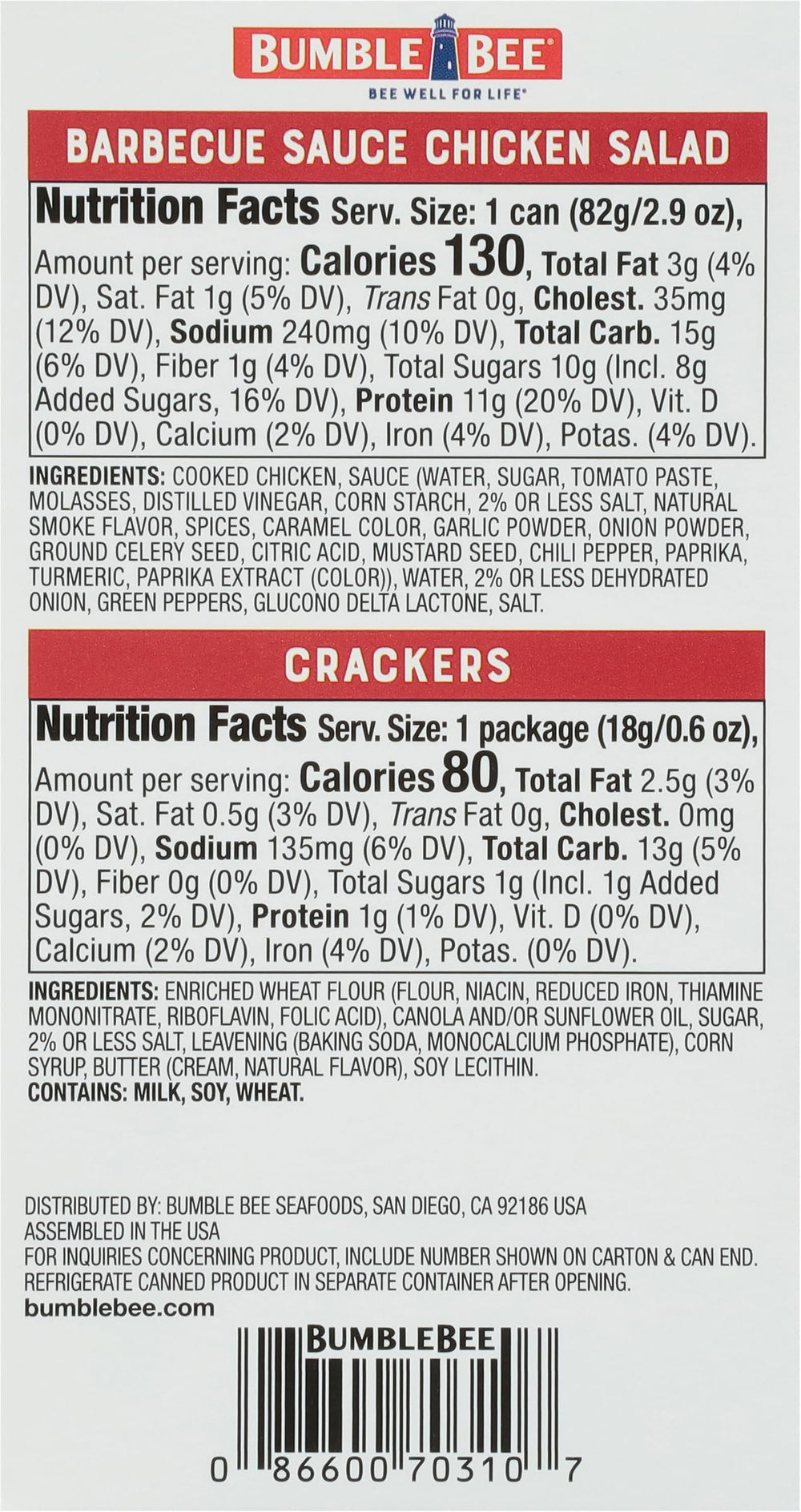 Bumble Bee Snack on the Run box shows ready-to-eat lunch option with crackers.