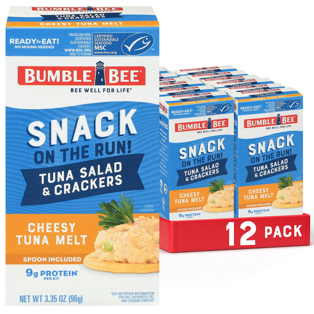 Bumble Bee Snack On The Run cheesy tuna melt can with crackers, ready-to-eat protein