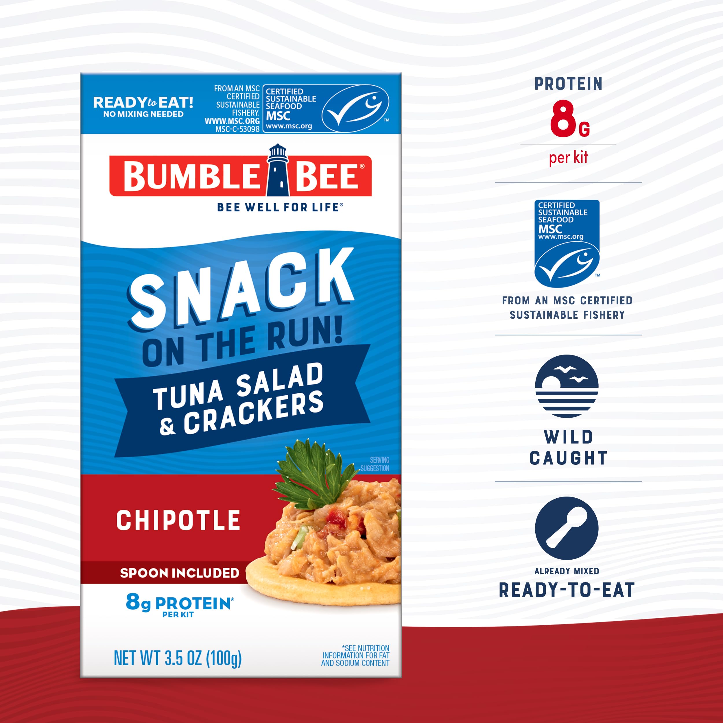 Bumble Bee Snack on the Run chipotle tuna salad can open showing protein-packed meal.