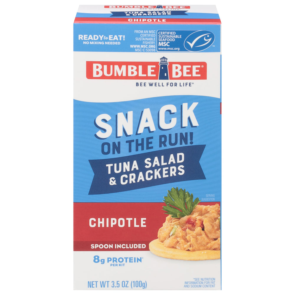 Bumble Bee Snack On The Run kit box with tuna salad and crackers, ready-to-eat on the go.