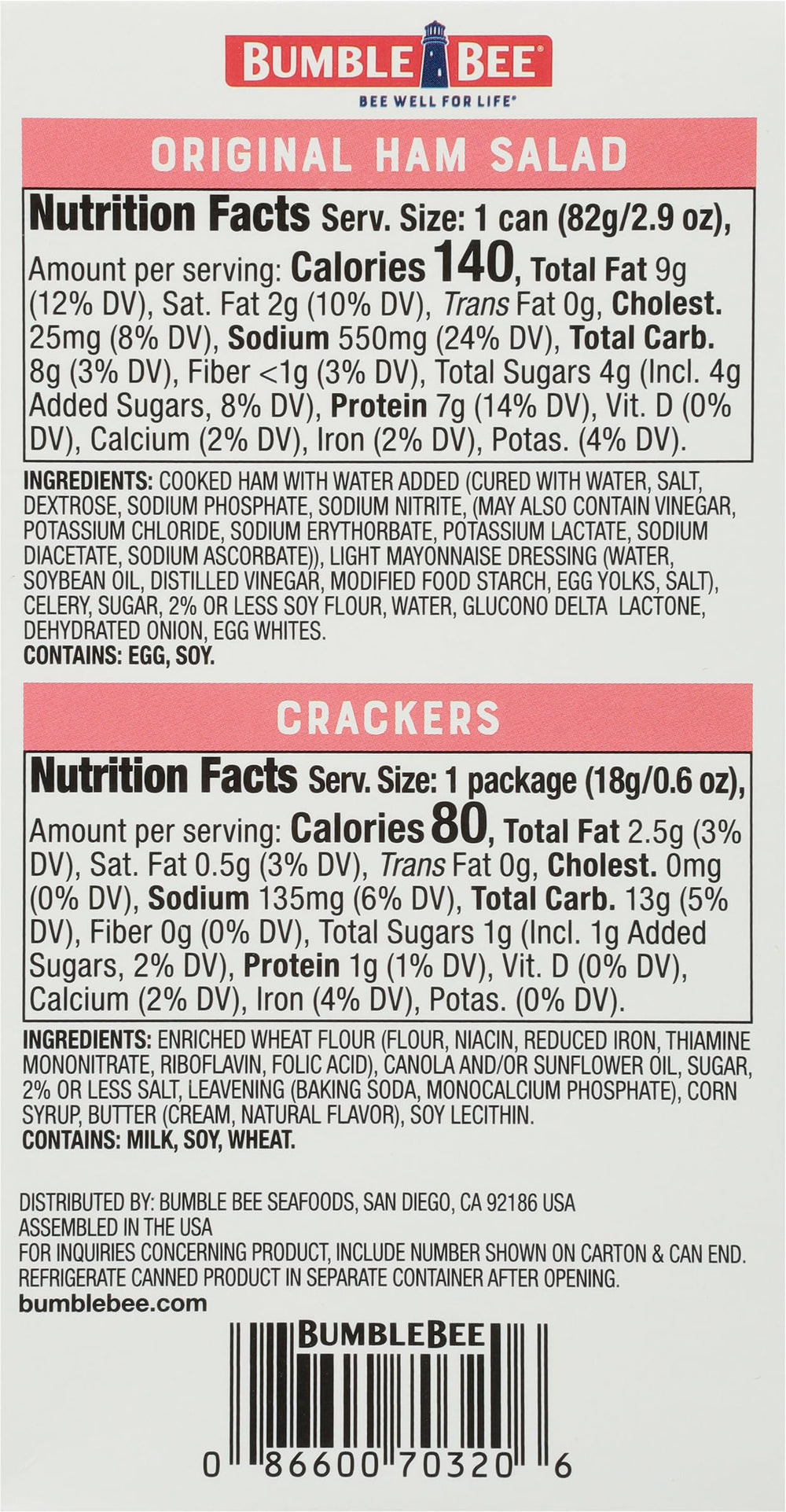 Bumble Bee Snack On The Run crackers and ham salad packaging, ready to eat lunch option