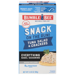 Bumble Bee Snack On The Run everything bagel tuna salad can with crackers; convenient on-the-go protein.