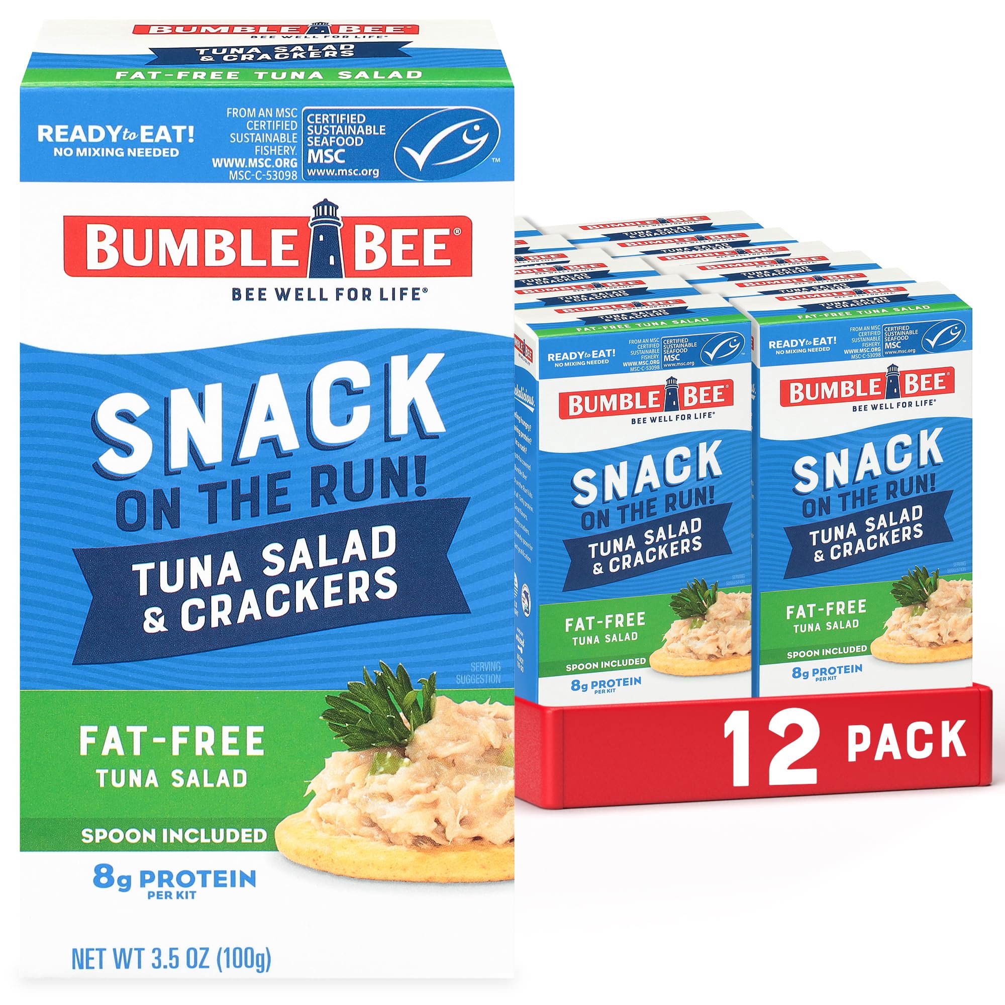 Bumble Bee Snack On The Run fat-free tuna salad with crackers kit box, portable lunch option.