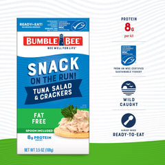 Bumble Bee Snack On The Run fat-free tuna salad with crackers kit open box, ready-to-eat.