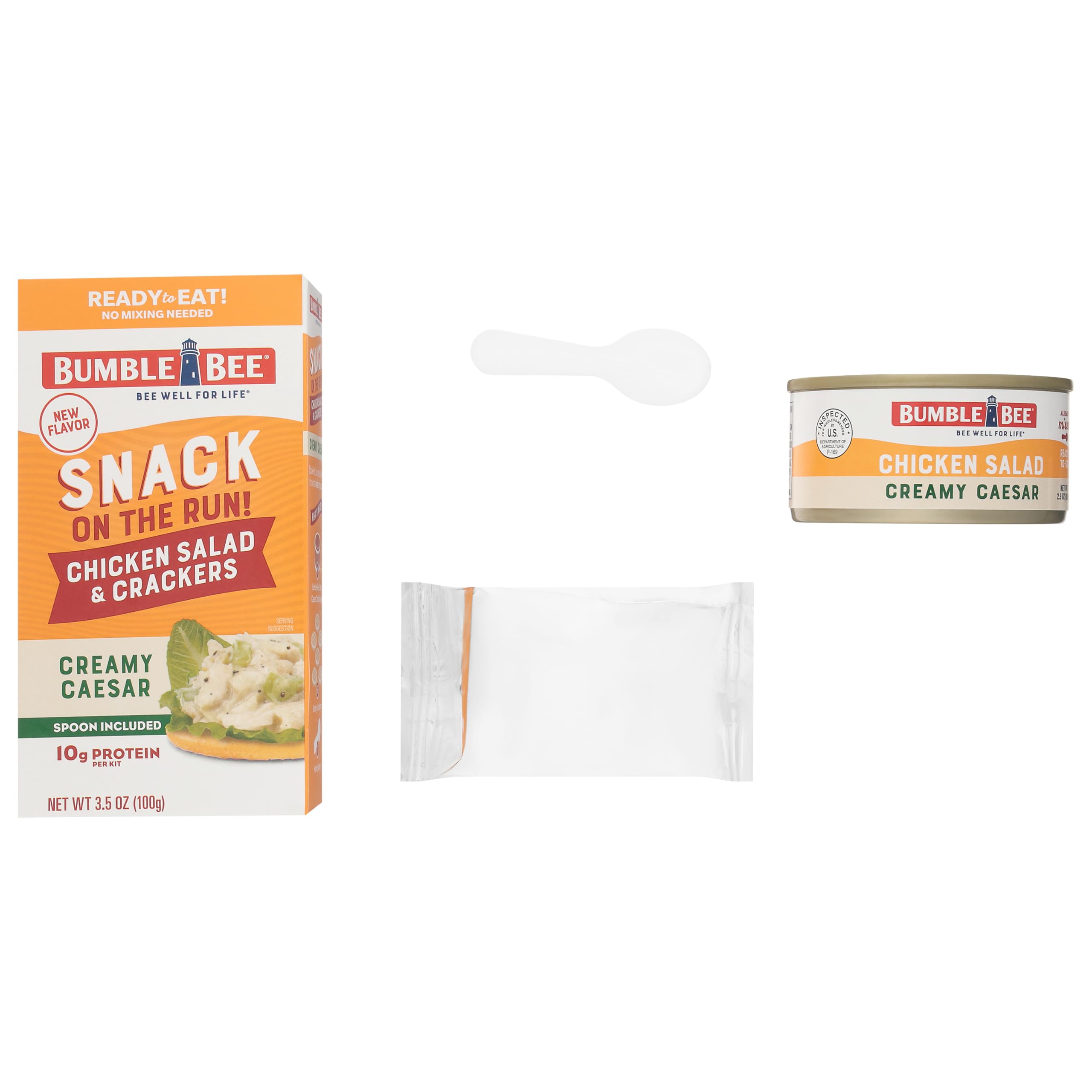 Bumble Bee Caesar chicken salad can, 10g protein per box, satisfying snacking option.