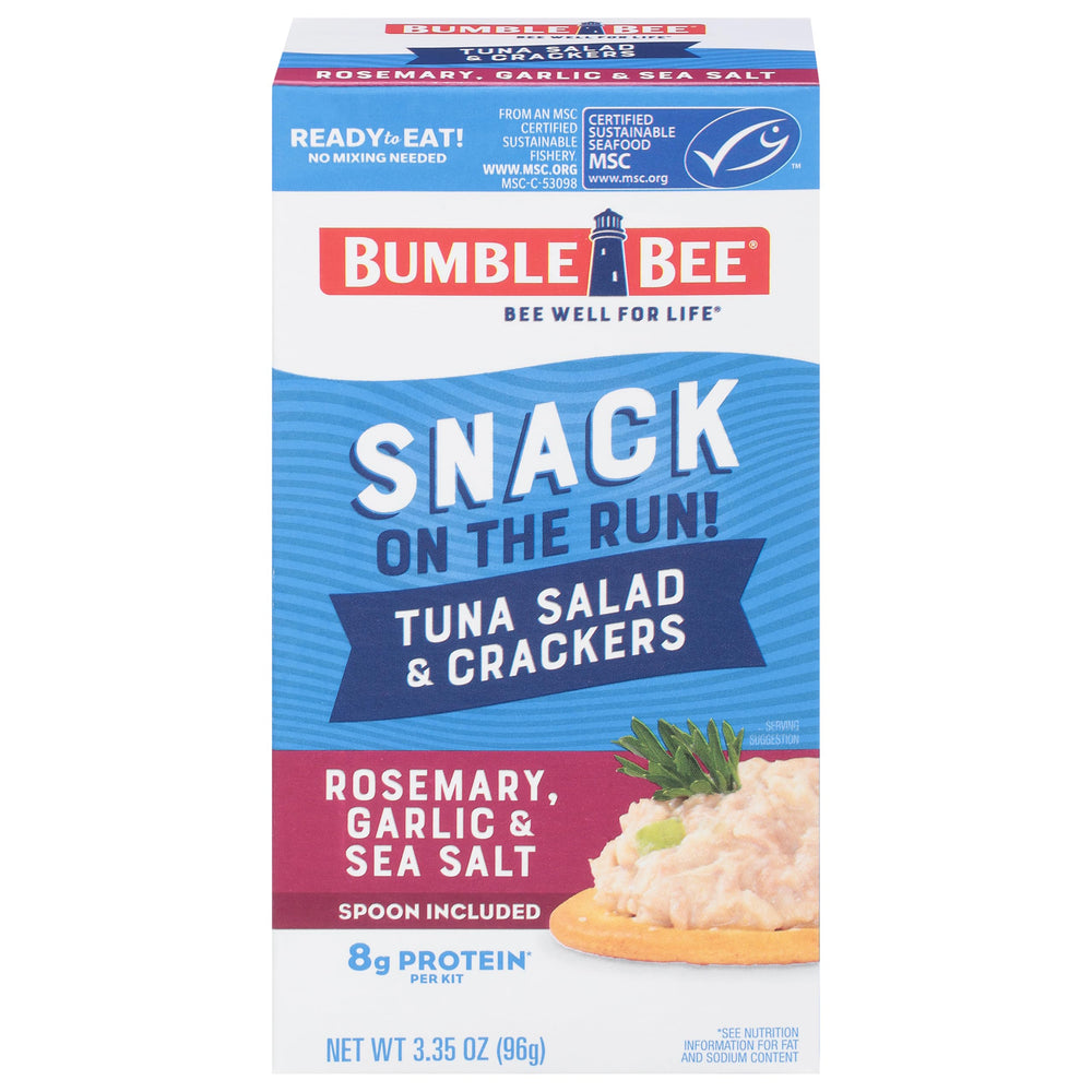 Bumble Bee Snack On The Run tuna salad can with crackers for a protein boost.