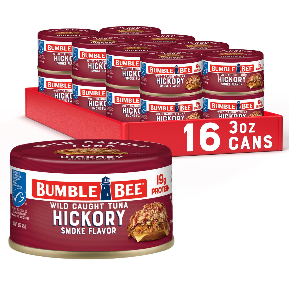 Bumble Bee Snackers Hickory Smoke tuna can ready to eat with 19 g protein per serving.
