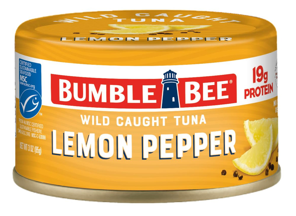 Bumble Bee Snackers Lemon Pepper 3oz can shows ready-to-eat convenience for snacking.