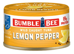 Bumble Bee Snackers Lemon Pepper 3oz can shows ready-to-eat convenience for snacking.
