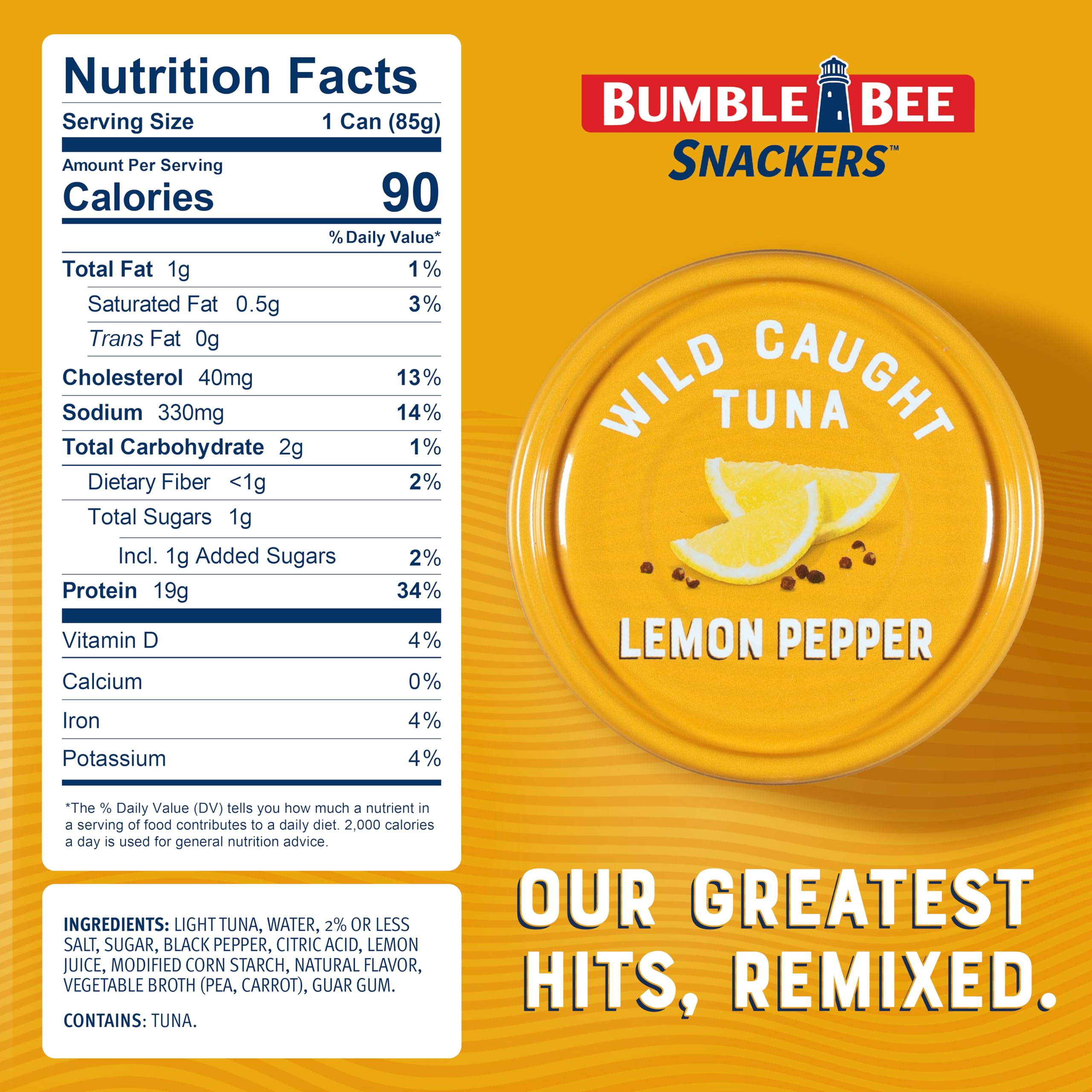 Bumble Bee Snackers Lemon Pepper open can demonstrates no draining required for quick meals.