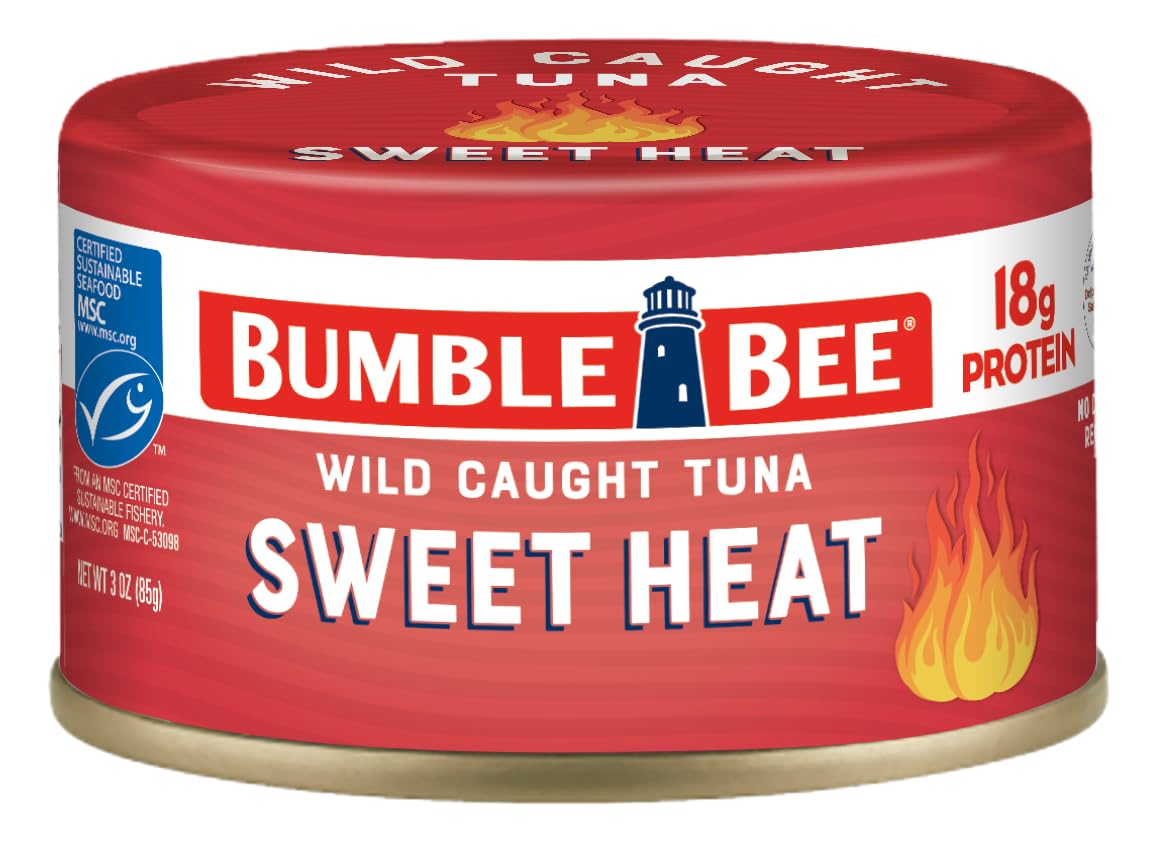 Bumble Bee Snackers Sweet Heat tuna can front label, ready-to-eat protein snack.