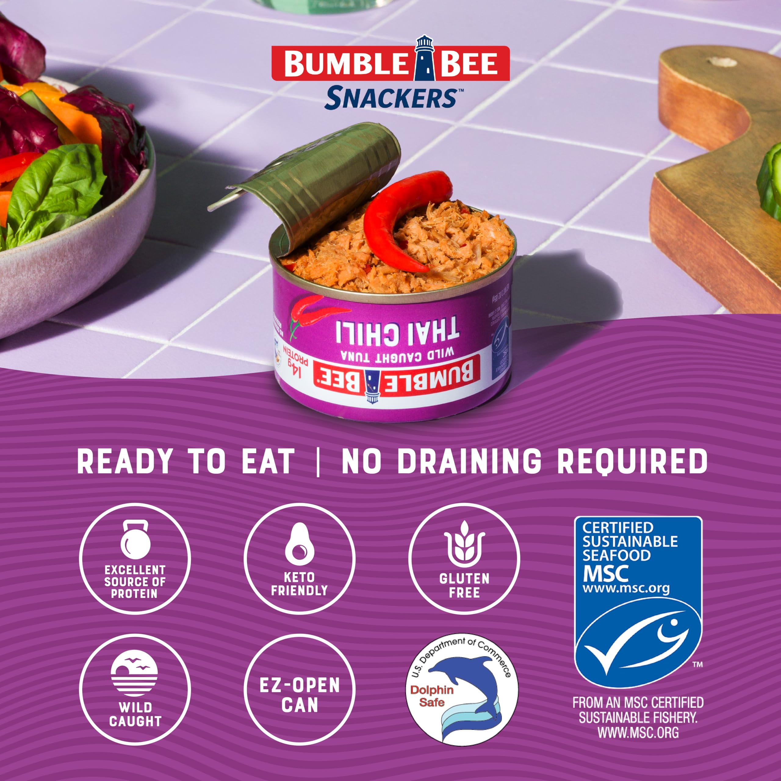 Bumble Bee Snackers Thai Chili salad topping for fast delicious lunch.