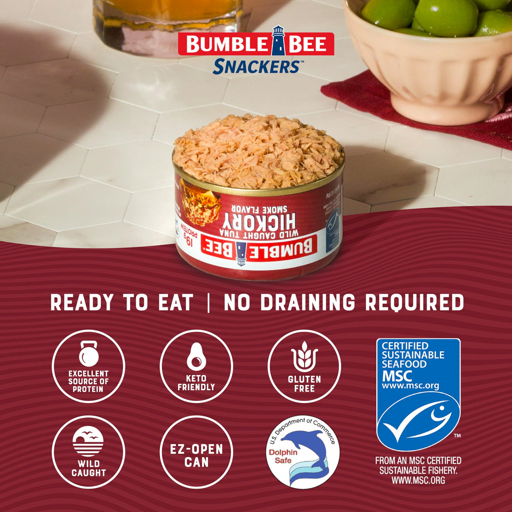 Bumble Bee Snackers tuna close-up showing smoky flavor and texture.