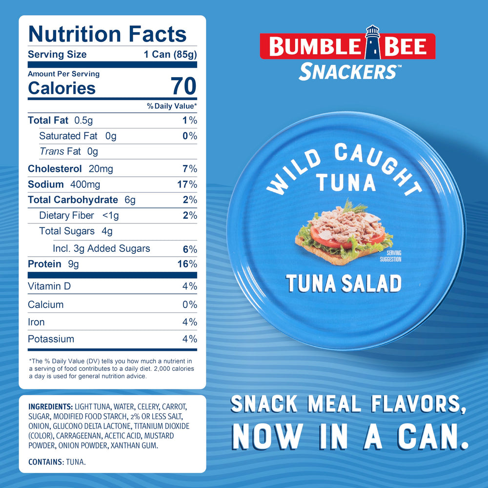 Bumble Bee Snackers tuna salad with creamy dressing for ready-to-eat lunches.