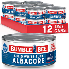 Bumble Bee solid white albacore tuna in water can shows premium wild-caught protein.