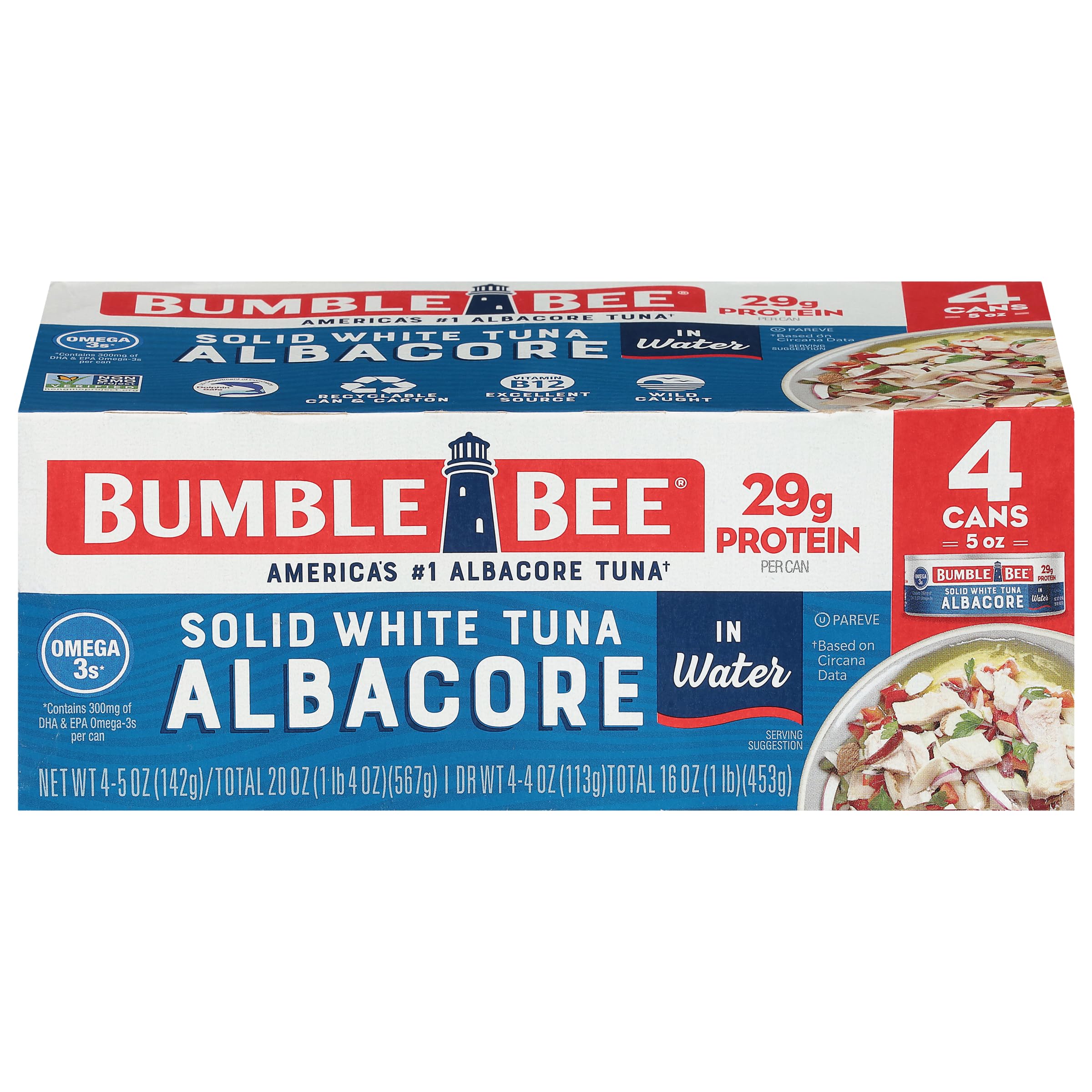 Bumble Bee solid white albacore tuna in water can pack four with protein rich appeal