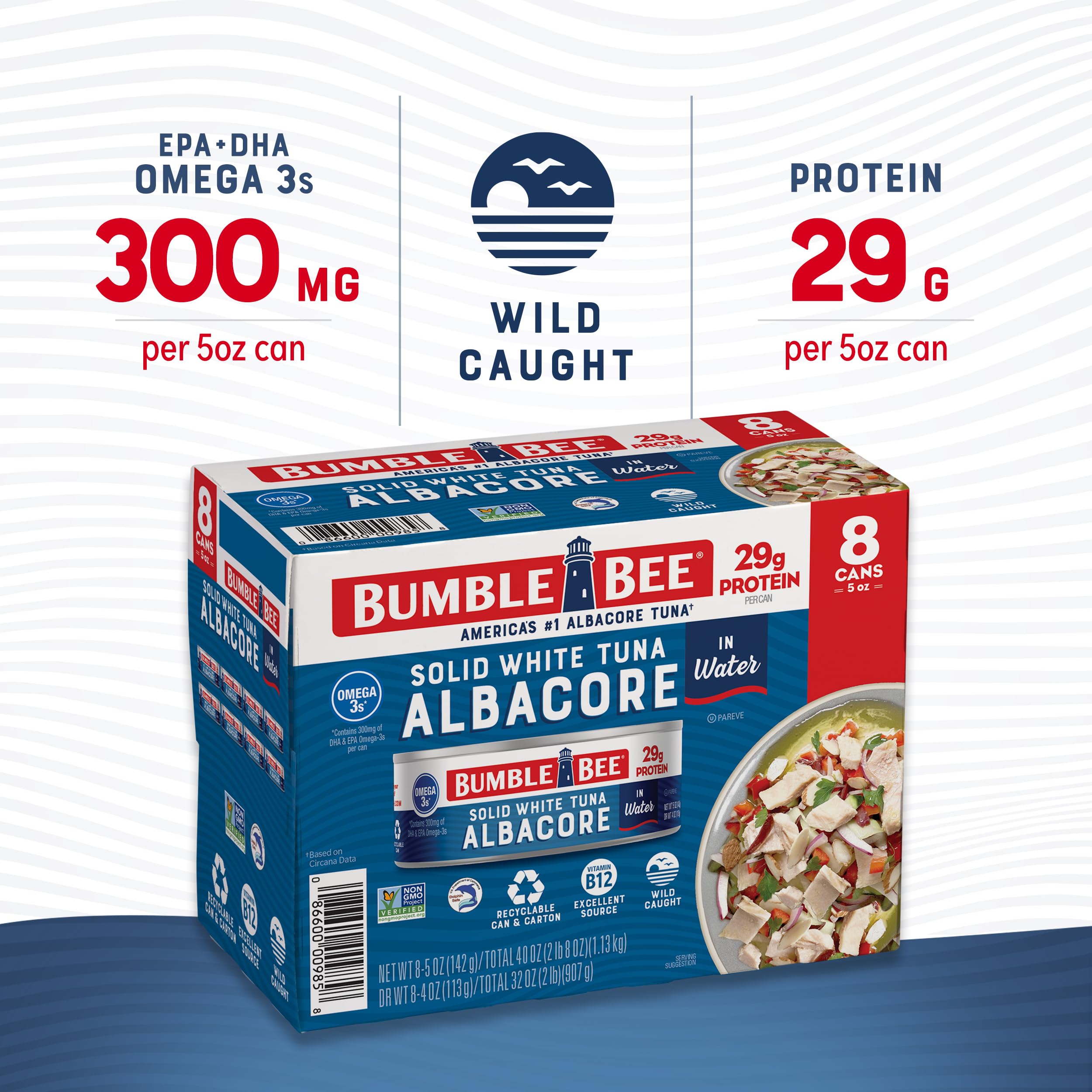 Stacked tuna cans showing shelf-stable convenience from Bumble Bee.