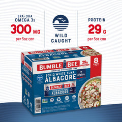 Stacked tuna cans showing shelf-stable convenience from Bumble Bee.