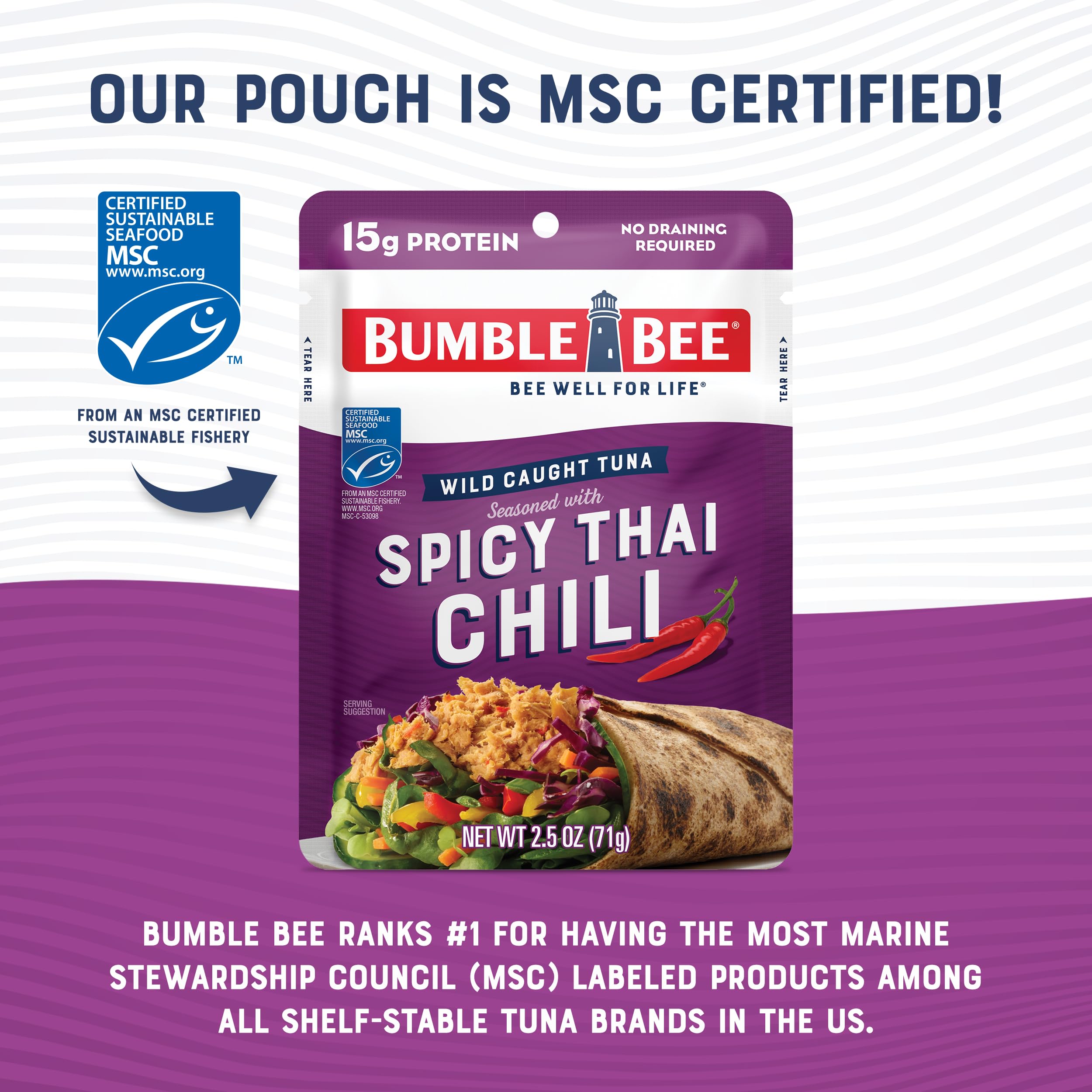 Bumble Bee Spicy Thai Chili Tuna Pouch closeup shows marinated tuna and bold spice