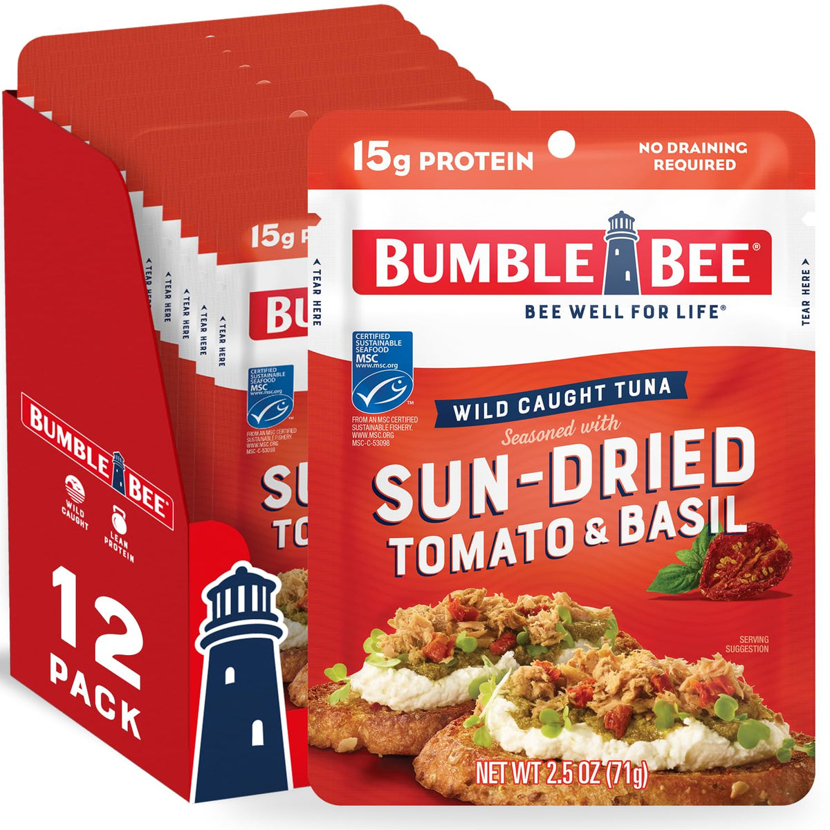 Bumble Bee sun-dried tomato basil tuna pouch for ready-to-eat protein on the go.