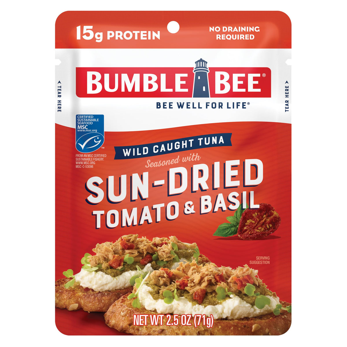 Bumble Bee sun-dried tomato basil tuna pouch ready to eat.