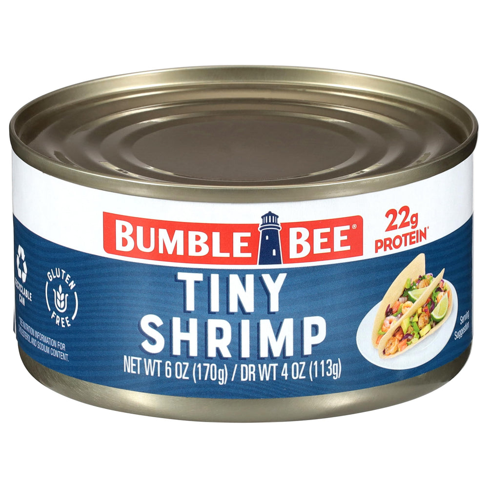 Bumble Bee Tiny Shrimp in Water, protein-packed and ready for salads.