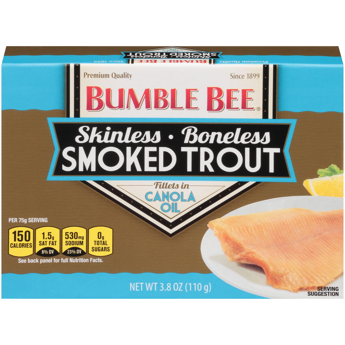 Bumble Bee smoked trout fillets in canola oil, ready to eat as a protein snack.