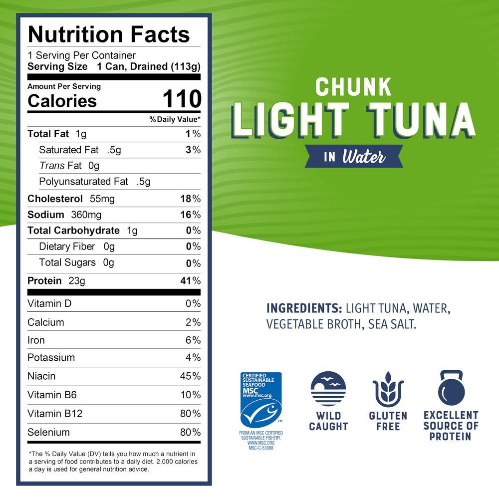 Bumble Bee tuna in water can, side view, great for salads and sandwiches