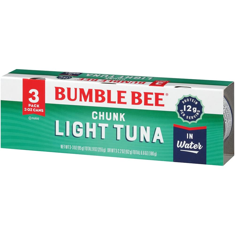 Bumble Bee tuna can on pantry shelf signaling convenient high-protein staple.