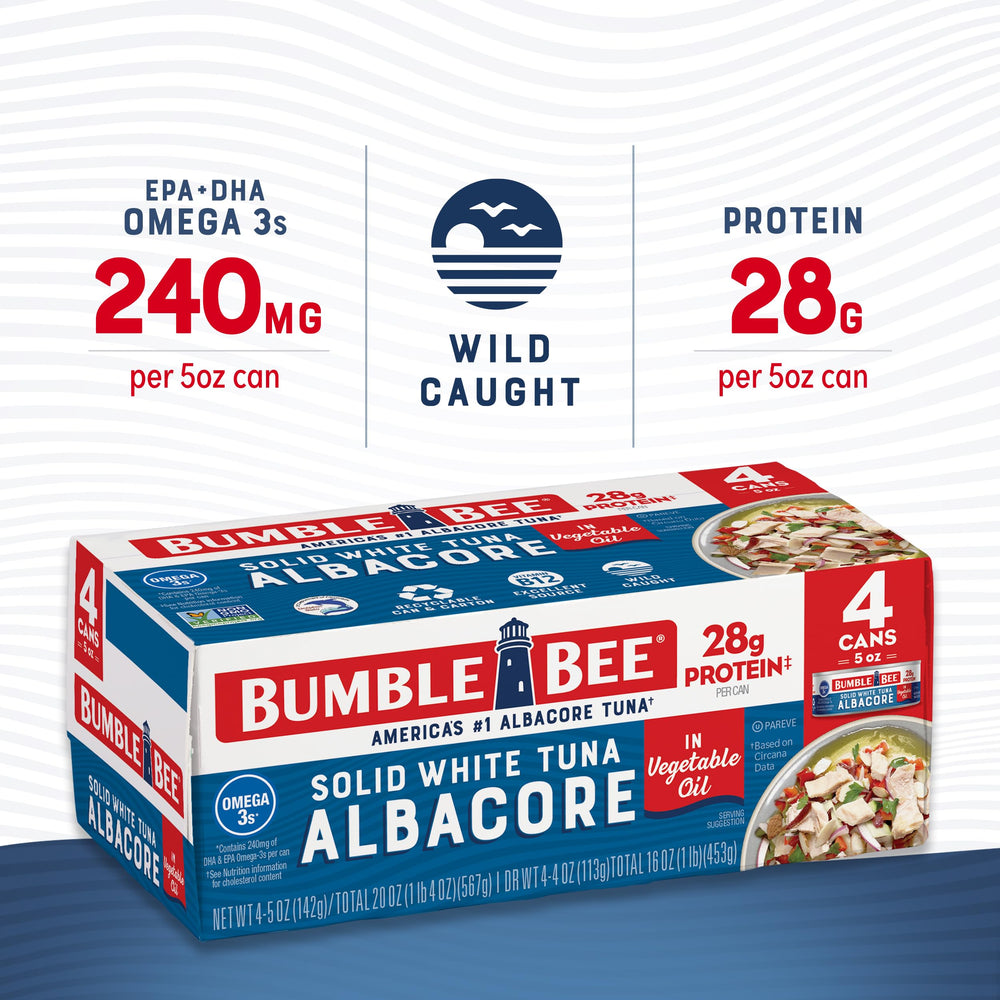 Bumble Bee albacore in oil stays flaky for casseroles, pasta, or tacos