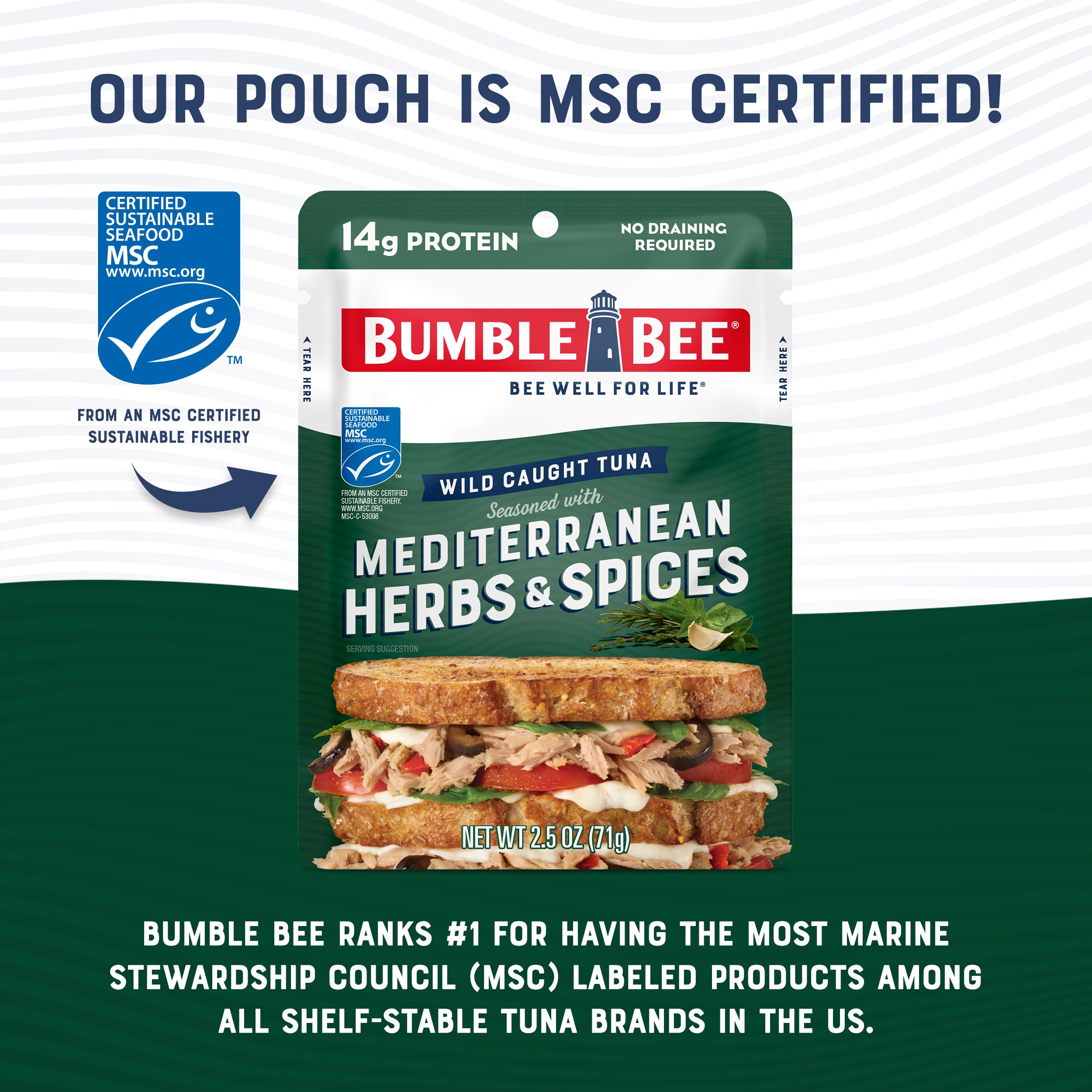 Bumble Bee tuna pouch delivers 14g protein per serving.