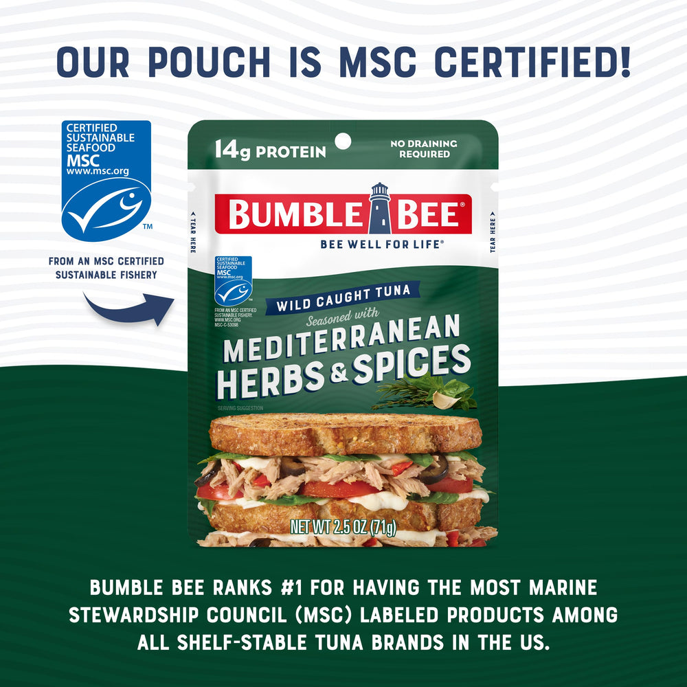 Bumble Bee tuna pouch delivers 14g protein per serving.