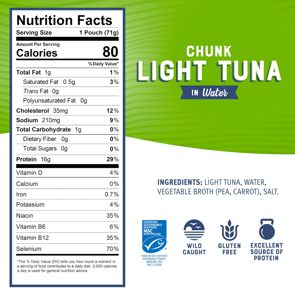 Bumble Bee tuna water pouch shows flaky texture, ideal for melts.