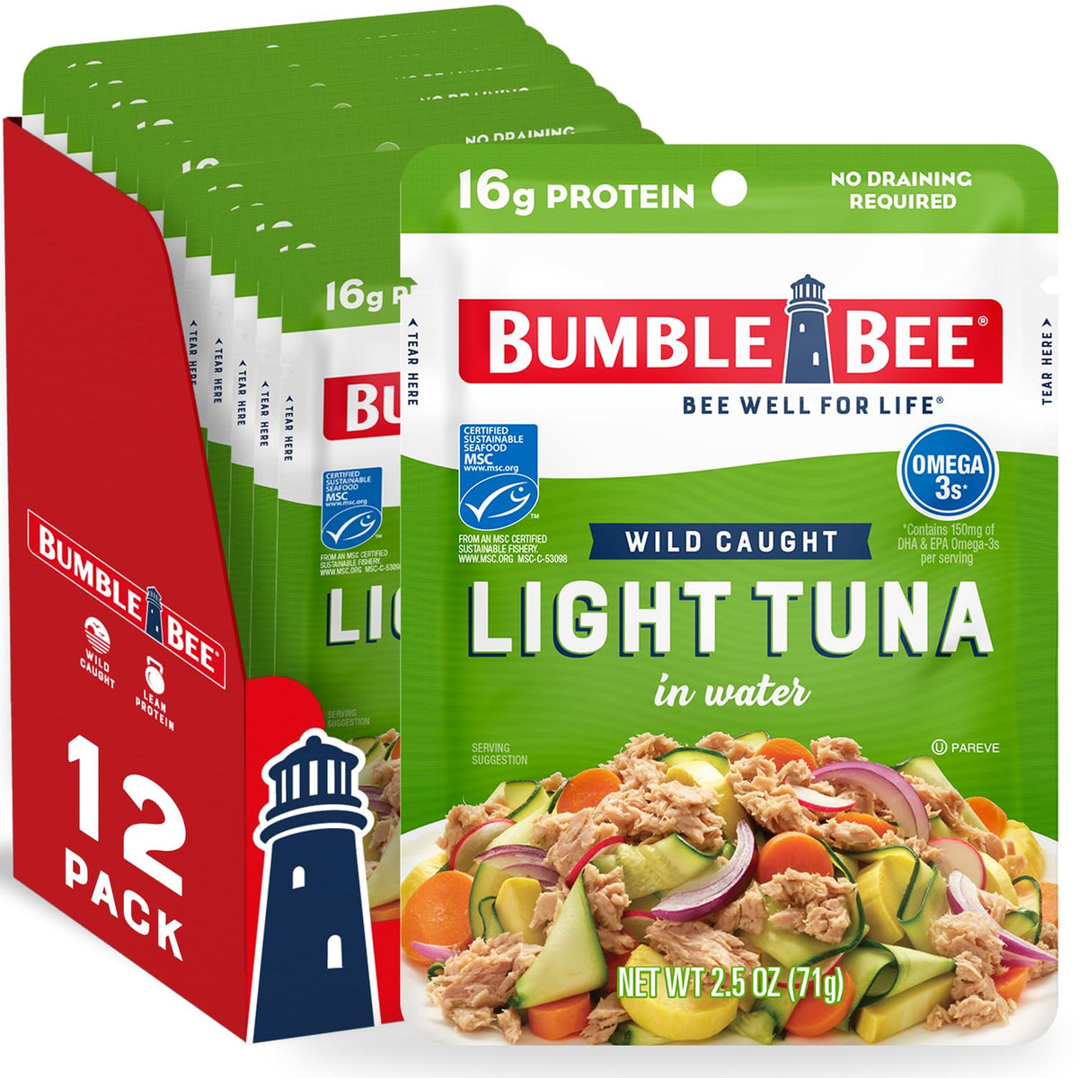 Bumble Bee tuna water pouch on shelf, ready for quick high-protein meals.