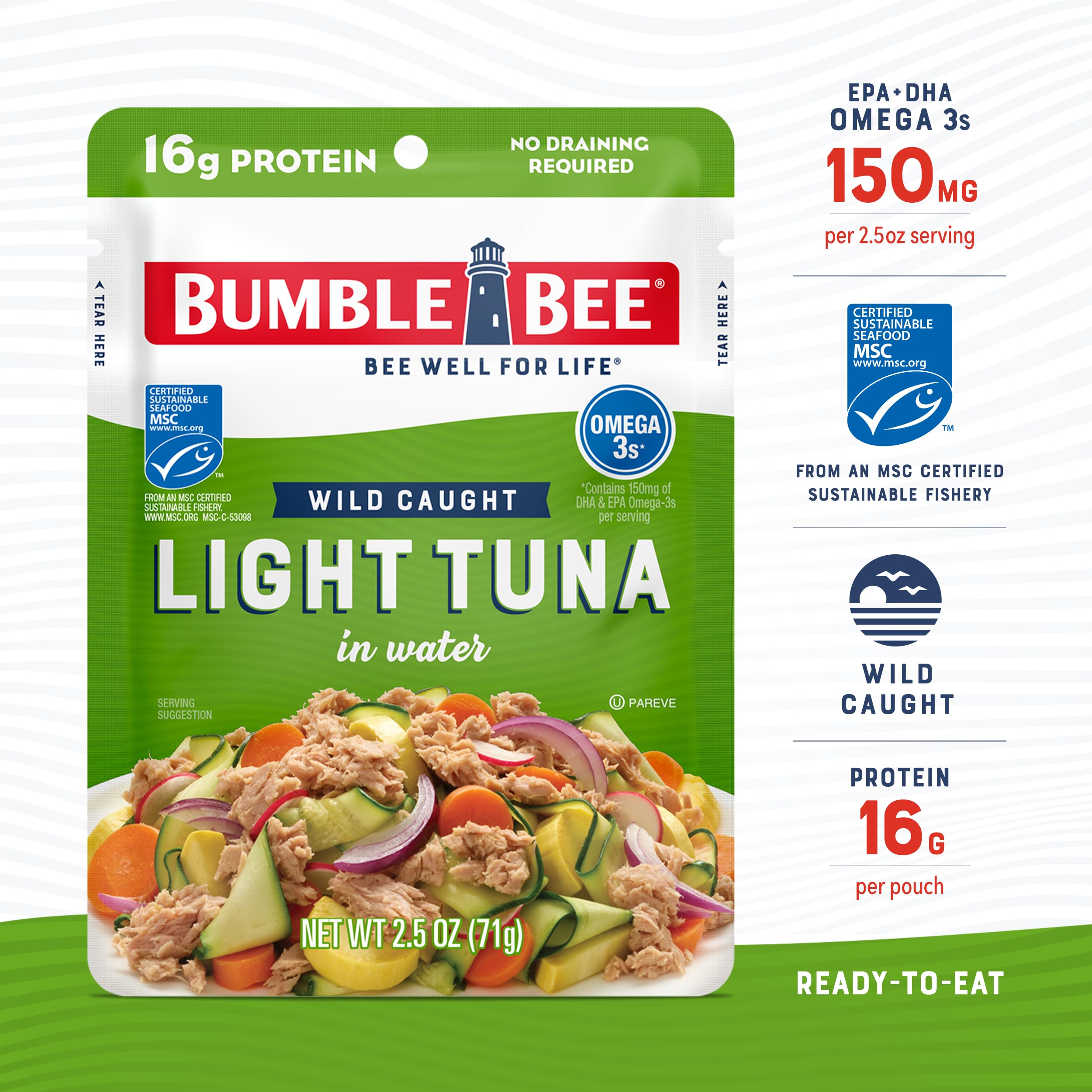Bumble Bee tuna water pouch used as a salad top for extra protein.