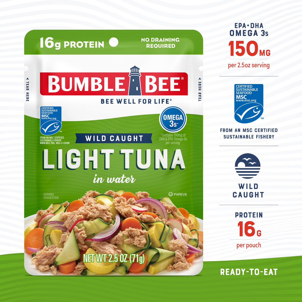 Bumble Bee tuna water pouch used as a salad top for extra protein.